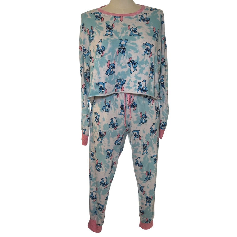 Disney Lilo & Stitch Tie Dye Pajama Set Blue Pink Cropped Top Joggers Large